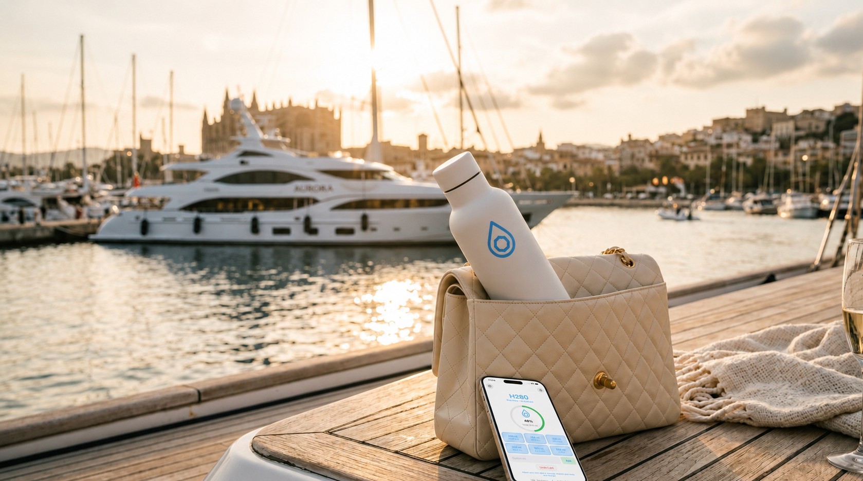 The H280 bottle, marked with the droplet, resting in a handbag on a yacht deck at Palma de Mallorca, golden hour, a superyacht and the marina behind.